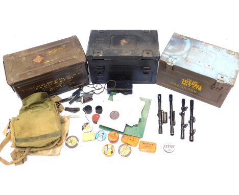 Three military ammunition cases, and a collection of gun sights, the cases 26cm high, 45cm wide, 27cm deep. 