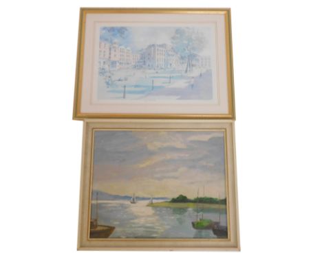 Collins (20thC School). Boating scene, oil on board, signed, 40cm x 49cm, framed, and a Guy's Hospital Park, print, after Ter