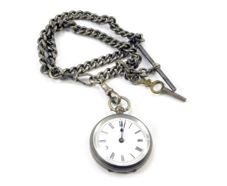 A Victorian silver lady's pocket watch, with engraved shield and flower engraved case, with white enamel Roman numeric dial, 