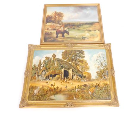 Ginnell (20thC School). Farming scene with barn, geese, cattle, and horses, signed and dated 1985?, oil on canvas, 60cm x 90c