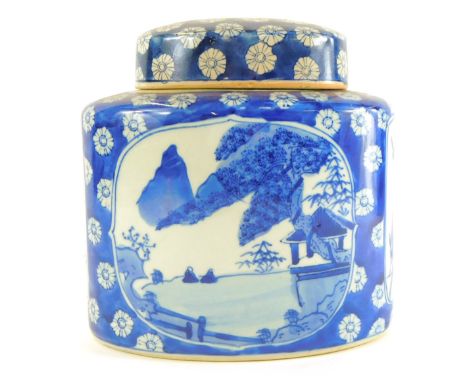 A late 20thC Chinese blue and white canister and cover, of oval form, decorated with reserves of figures in a landscape again