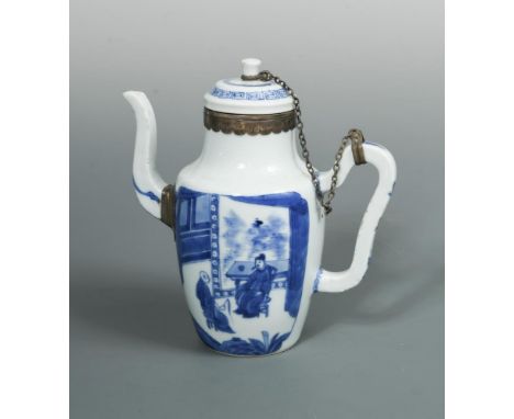 A Kangxi covered ewer with silver mounts, painted on one side with figures under a pine tree on the bank of a river, two figu
