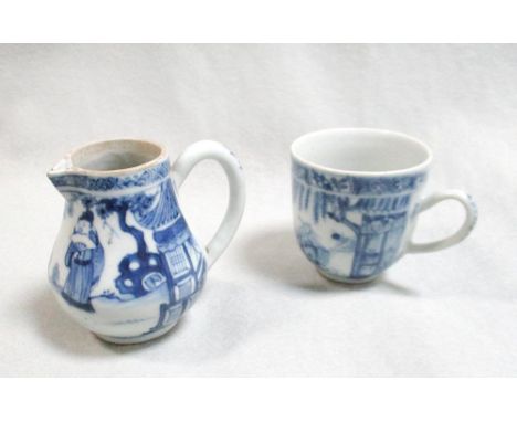 A Kangxi baluster jug and a coffee cup, painted with three figures on a garden terrace, 8cm high, the coffee cup painted with