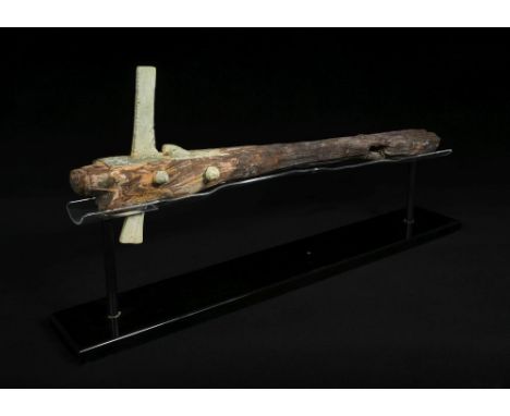 A rare crossbow 'Nu', Eastern Han dynasty, the mechanism intact, with green patina and retained in its wooden arm, with trace