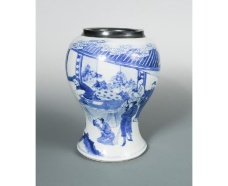 A silver rimmed Kangxi style baluster jar, painted with figures by a pavillon, 25cm high  
