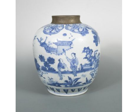 A Kangxi jar with dancing ladies and two musicians, the well potted and finely painted jar with a silvered neck above lappet,