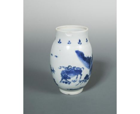 A Kangxi ovoid vase, painted with a boy playing a flute on the back of a buffalo by a waterfall, 16cm high  Chipped.