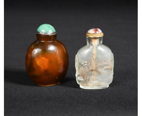 Two 19th century interior painted snuff bottles and stoppers, one brown glass with sitting figures and a landscape; the other