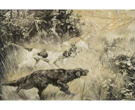 A Japanese, late Meiji period, Sozayemon Nishimura fine silk embroidery, with a hunting dog scene, framed, bearing on the bac