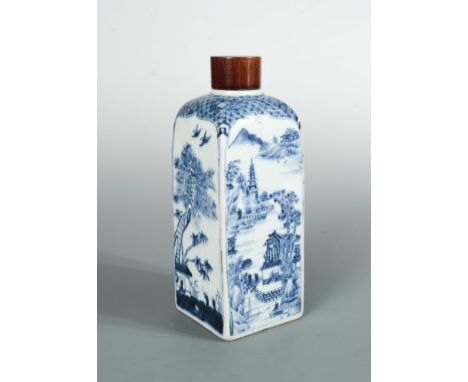 A transitional or early Kangxi square sectioned bottle and a wooden cover, underglazed blue and white painted with island and