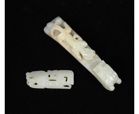 A Chinese jade applique and a jade belt hook, 18th and 20th century, the small 18th century apllique carved in archaistic sty