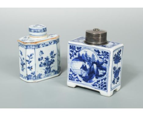 A Kangxi tea caddy with silver cover, the broader side painted with quatrefoils of a sage walking in mountains, 11cm high (2)