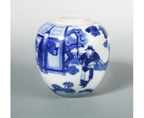 A Kangxi jar, painted with figures in and about a pavillion, 18.5cm high  