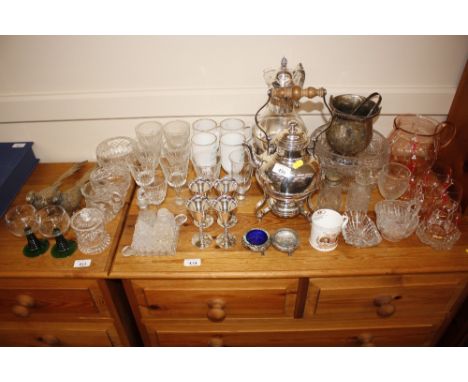 A plated tea kettle on stand; a similar coffee percolator; various plated items; decorated glass lemonade set; various other 