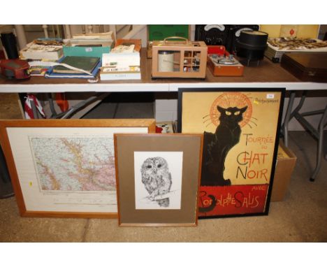 A poster print Tournee du Chat Noir; a print after Hilary Whyard "Tawny Owl"; and an Ordnance Survey map of Ipswich