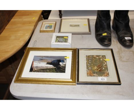 A collection of various pictures and prints, including collage, pencil signed photograph of Levington by Charles Tracy, water