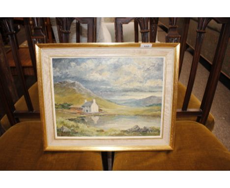 A R Kusel, Welsh farm study with lake and mountainous background, signed oil on canvas