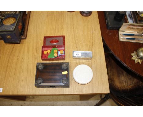 Three various Bakelite trinket boxes; and a glass tidy jar with silver lid