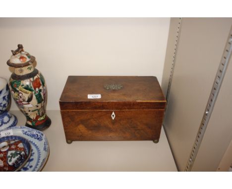 A 19th Century mahogany and boxwood strung tea caddy, three compartment interior in need of restoration
