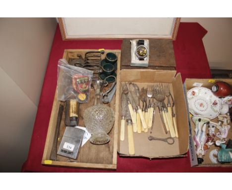A wooden tray box and contents to include a plated toast rack, a sheath knife, a pressure gauge watch, an extra large "Zippo"
