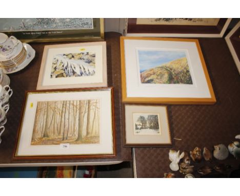 Ian White, watercolour study of a woodland scene, Tricia Newell limited edition print of a wintry landscape; Mary Bishop prin