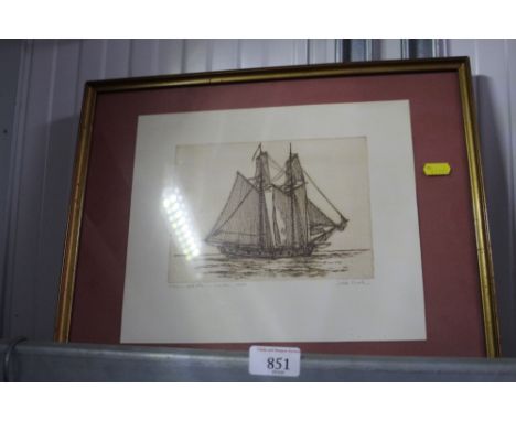 Jose Mioia, pencil signed print of a sailing vessel dated 1970