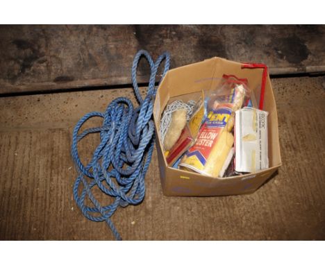 A box of miscellaneous items including; car cleaning kit, alarm clock radio, length of rope, chain etc