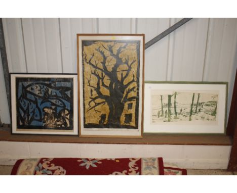 Piers Jempert, limited edition pencil signed print "Hunters in the Snow" 3/15; Sylvia Priestland, artist proof "Blue Fish"; a