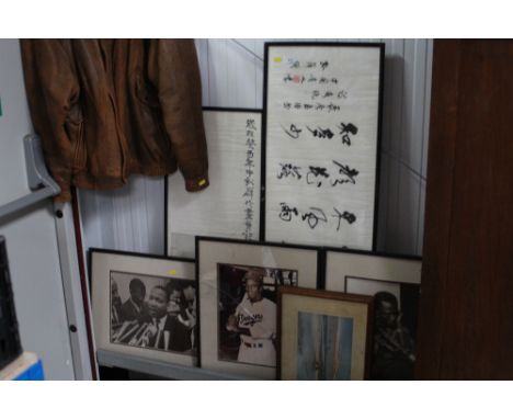 Two oriental pictures; vintage photographs; and a pair of Peter Scott wildlife prints