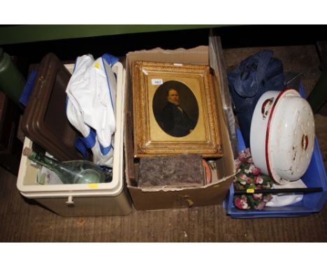 Two vintage portrait photographs; an enamel casserole dish; a mahogany box; various decorative items etc.