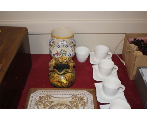 A Majolica type baluster vase with loop handle; various porcelain thimbles; pottery baluster vase and Verso La Musica cups an