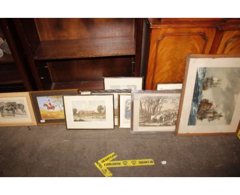 Various equestrian prints; a marine print after Frank mason, prints of Eton college etc.