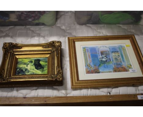 A South of France print in gilt frame; and a decorative print of gun dogs in gilt frame