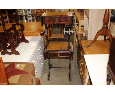 Two reproduction mahogany sofa coffee tables with leatherette inset tops