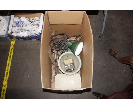A vintage Lead lamp; an enamel chamber pot; various hand tools; two wrist watches etc.