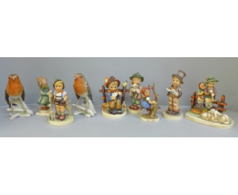 Nine Goebel/Hummel figures, Apple Tree Girl, Carol Singer, Boy With Lamb, etc., some a/f 