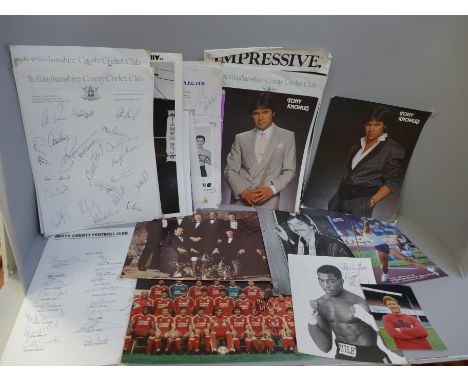 Sports autographs including Notts County signed team sheet, Notts Cricket, Liverpool, Aston Villa, snooker, wrestling, etc. 