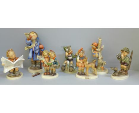Seven Hummel figures including Boy Reading Paper, Doh!, Boy With Binoculars, Little Boy Blue, a/f 