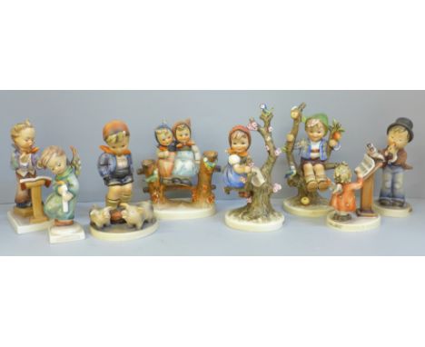 Eight Hummel figures including Bird Duet, Boy and Piglets, Apple Tree Boy, Girl on Tree, Apple Tree Girl restored 