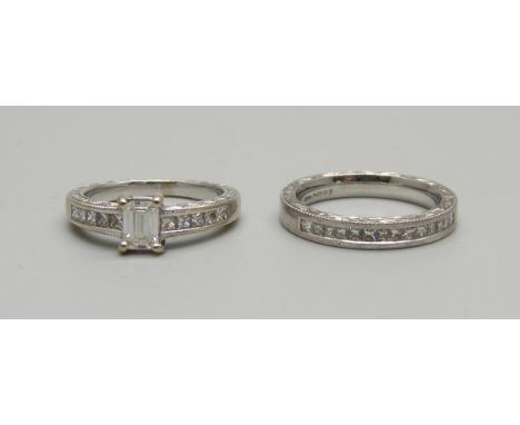 An 18ct white gold and diamond ring, central baguette diamond with ten diamonds set in the shoulders, and a matching 18ct whi