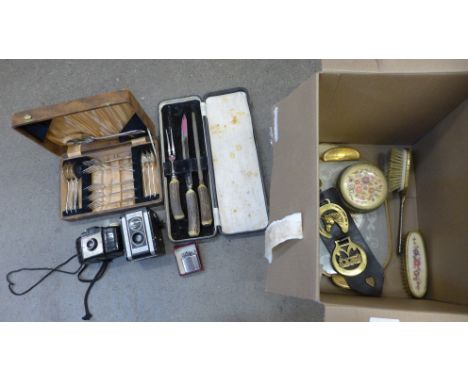 Two boxed sets including a silver plated cutlery set and a three piece carving set, camera, Ronson lighter, horse brasses, a 