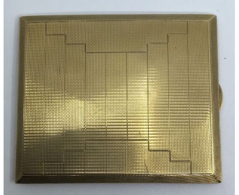 An Art Deco 9ct gold pocket cigarette case, geometric engine turned decoration,  internal engraved presentation inscription a