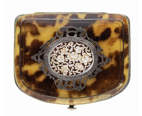 A tortoiseshell, mother of pearl and silver purse, cushion shaped case with applied pierced silver decoration inset with a ca