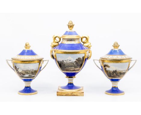 An early 19th Century Chamberlain Worcester garniture, circa 1820 painted with topographical scenes comprising central urn an