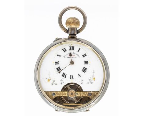 A Hebdons Patent swiss 8 day open faced pocket watch, white enamel dial with gilt exhibition window, Roman numerals and gilt 