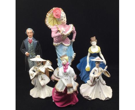 A group of ceramic figures to include: Royal Doulton - Statesman HN2859; Melanie HN2271; Winter Waltz and three foreign figur