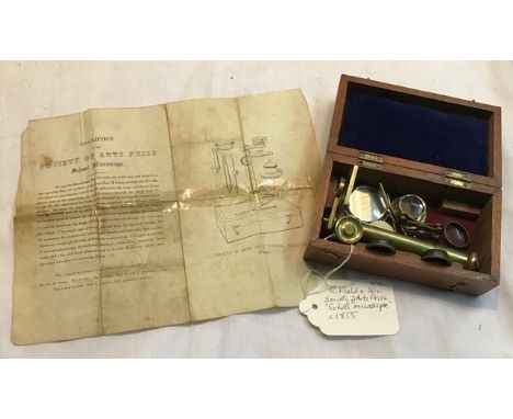 R Field &amp; Son Society of Arts Prize School Microscope c1855. In original wooden box with instructions.