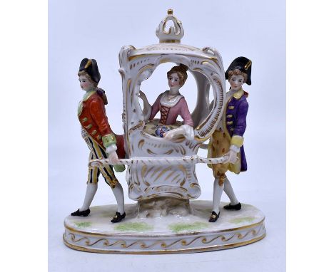 A group of Continental 18th Century style porcelain figural groups to include: Lady in sedan with attendants, Naples mark; A 