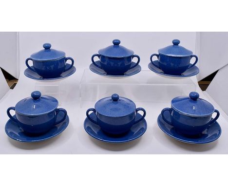 Moorcroft: A collection of William Moorcroft powder blue tableware to include oval serving plates in various sizes, 6 broth c