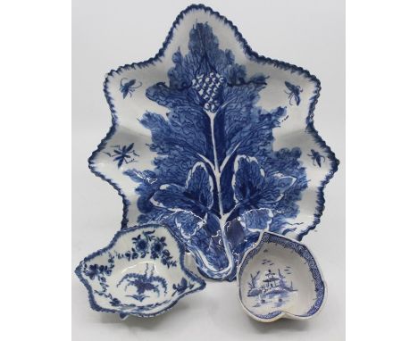 An 18th century Bow blue and white pickle dish, of leaf form, with foliate and insect decoration, approx 20cm x 18cm; a Derby